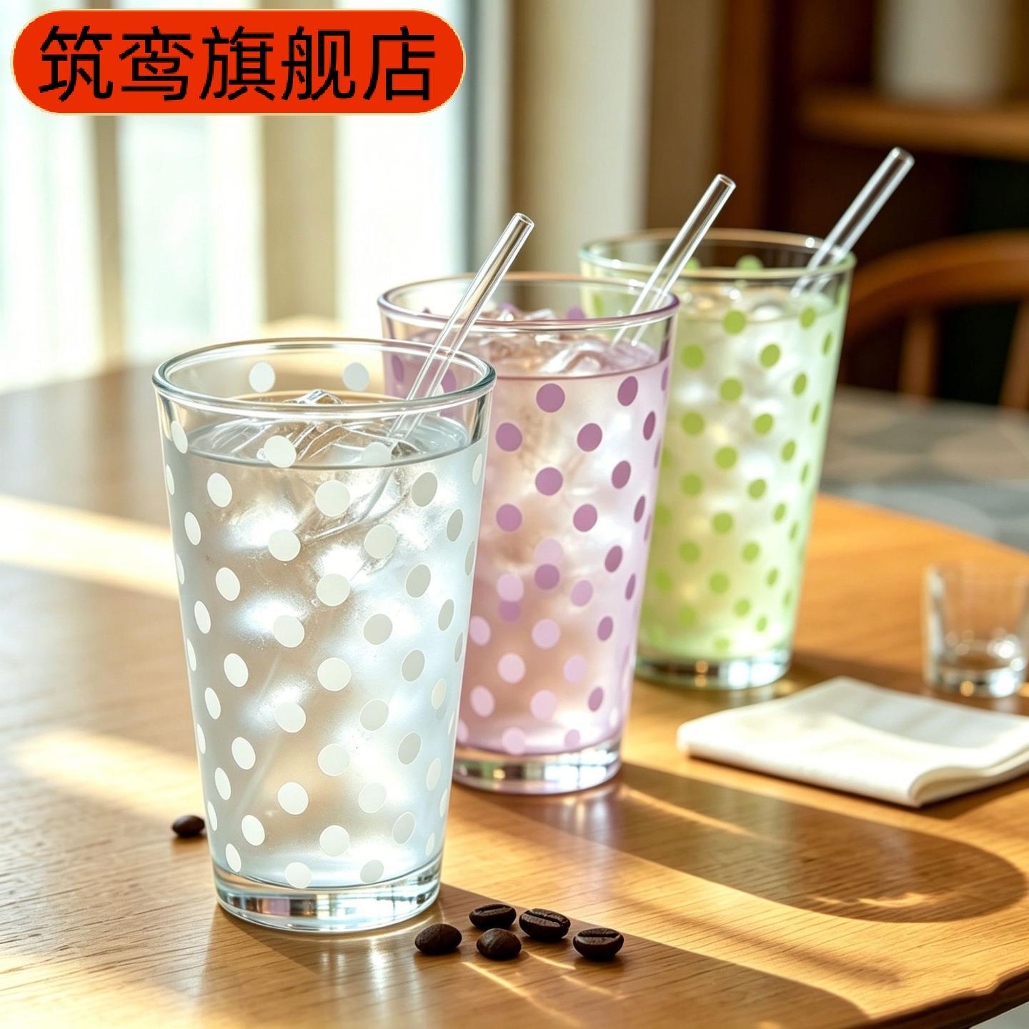波点吸管玻璃杯卡通小猫设计图片