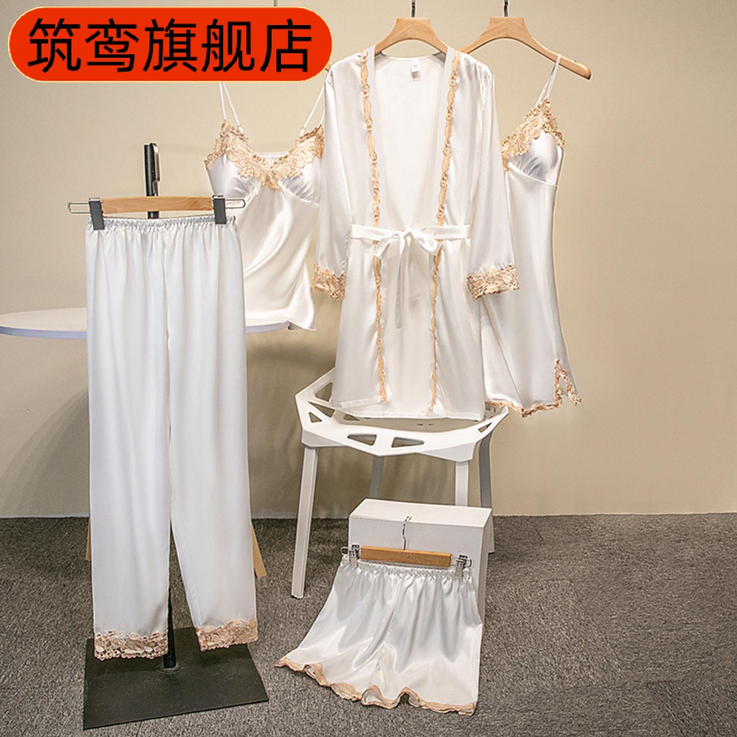 新款带胸垫丝绸吊带金色花五件套