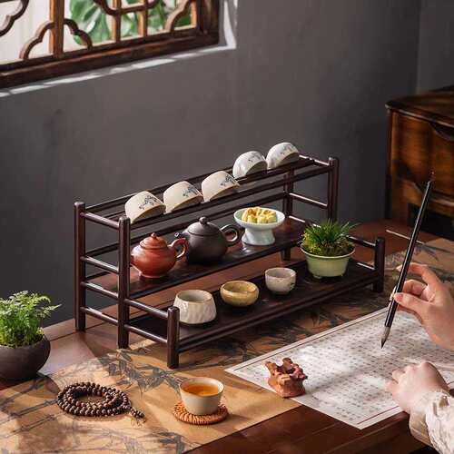 茶具收纳架框架结构储藏架新中式客厅茶台置物架小型桌面博古架
