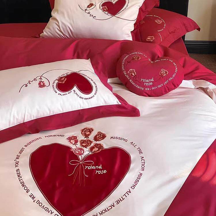 婚庆韩式100S长绒棉纯棉四件套结婚大红玫瑰刺绣全棉被套床上用品