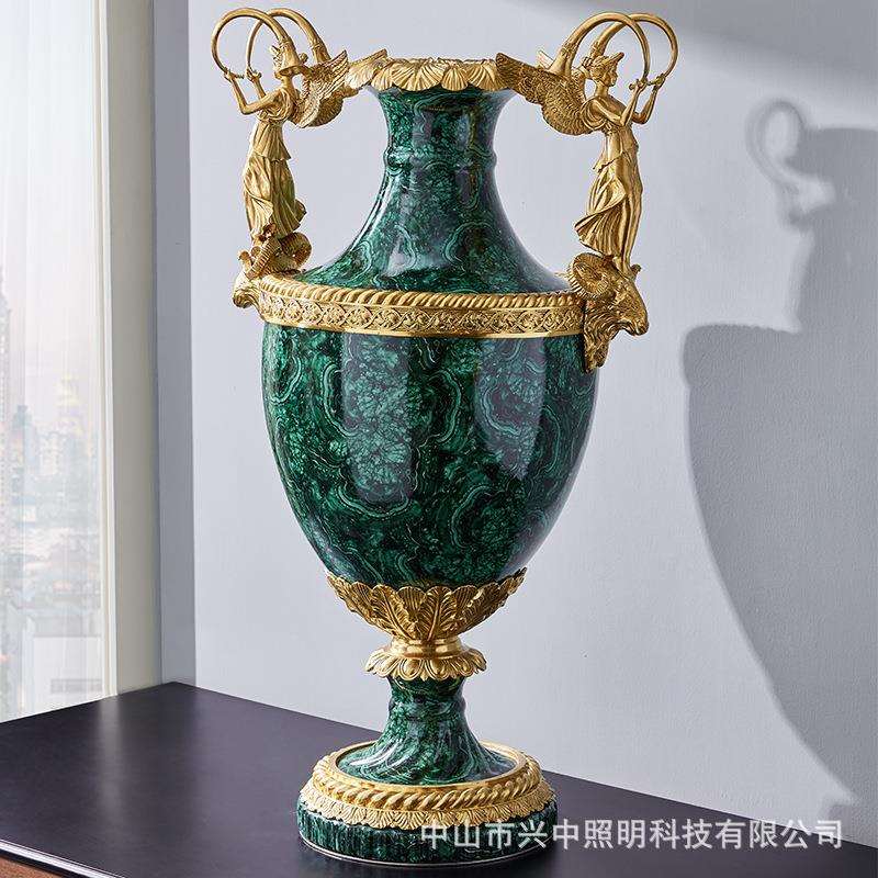 陶瓷配铜手绘孔雀系列家居摆件高端客厅别墅茶几果盘花瓶软装饰品