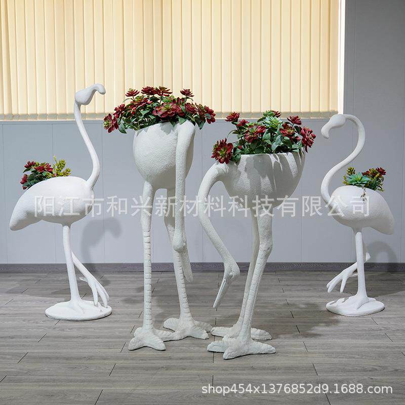 厂家大号火烈鸟雕塑花瓶商场庭院绿植花器户外水泥玻璃钢花盆摆件