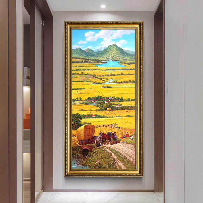 欧式风景油画手绘入户玄关装饰画美式走廊挂画丰收麦田法式壁画