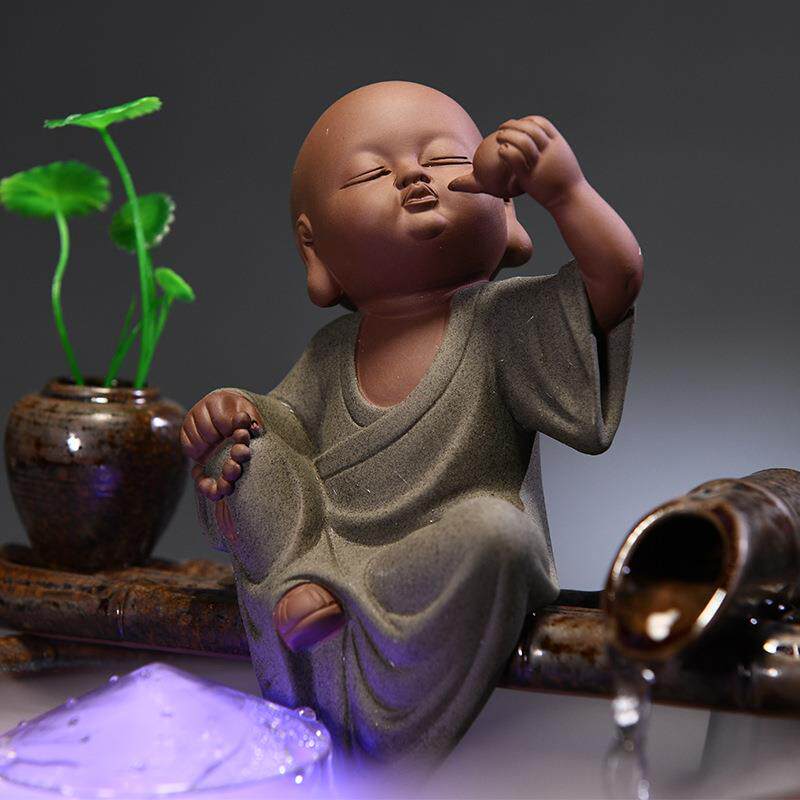 中式家用禅意小和尚景观喷泉加湿器 可爱小沙弥创意客厅流水摆件