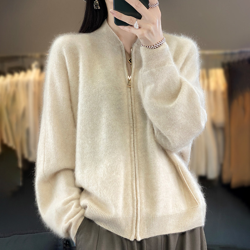 小立领拉绒纯羊绒开衫女秋冬长袖拉链针织外套宽松休闲棒球服毛衣