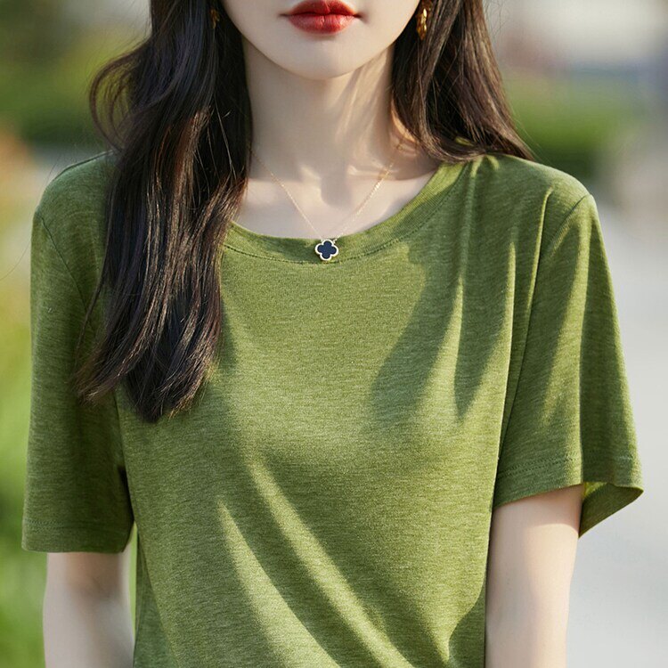 圆领真丝莱赛尔短袖T恤女士宽松薄款打底亲肤凉感半袖纯色上衣夏