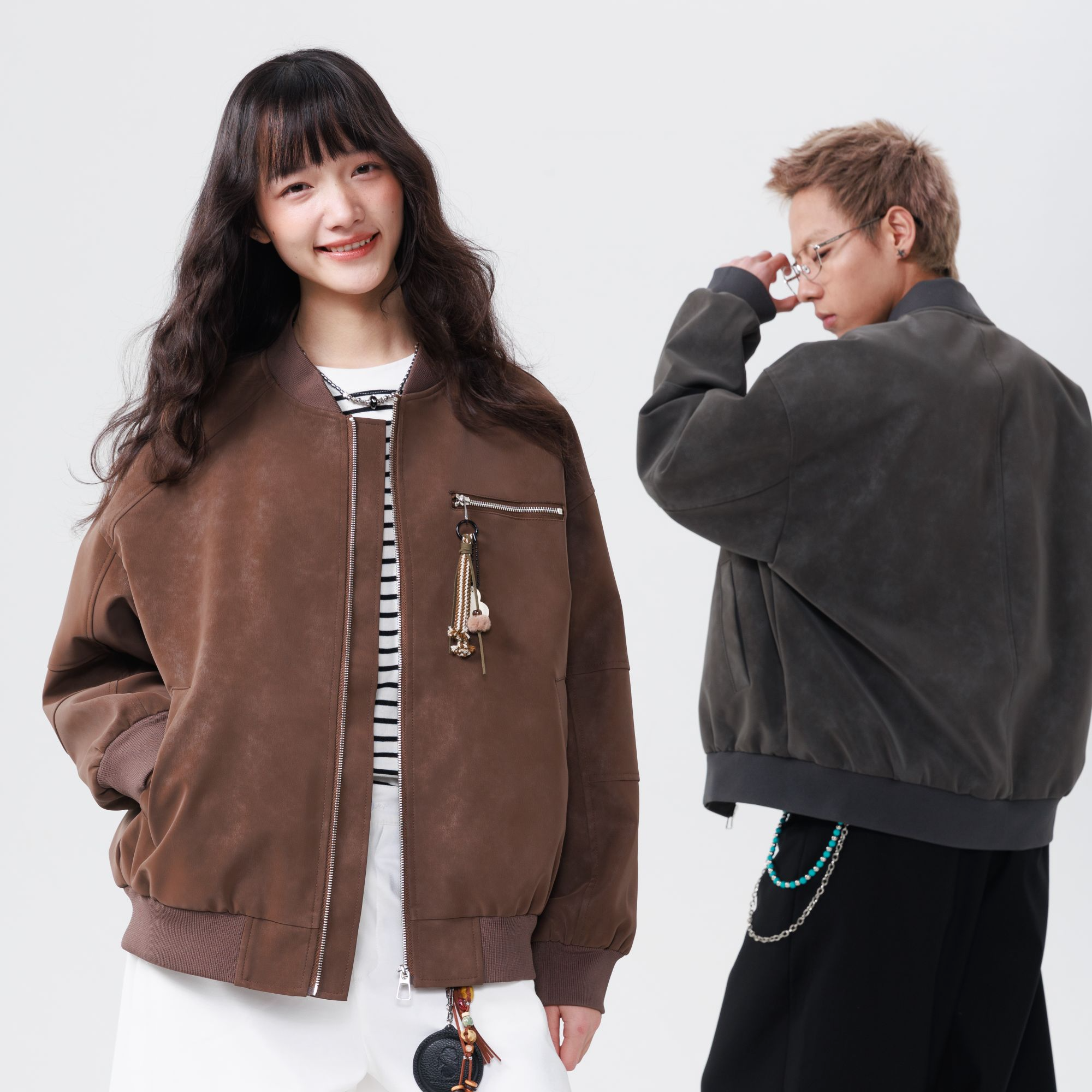 HSNH【美拉德扎染水洗夹克】男女春季美式复古潮流机车皮衣外套