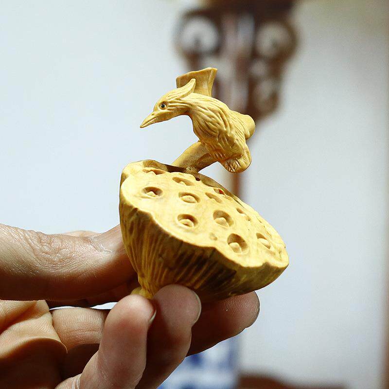 黄杨木雕刻木质文玩茶宠中式工艺手把件摆件收藏翠鸟莲蓬家居饰品