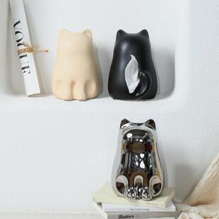 现代简约猫咪陶瓷纸巾盒摆件 创意纸抽盒客厅玄关茶几桌面装饰品