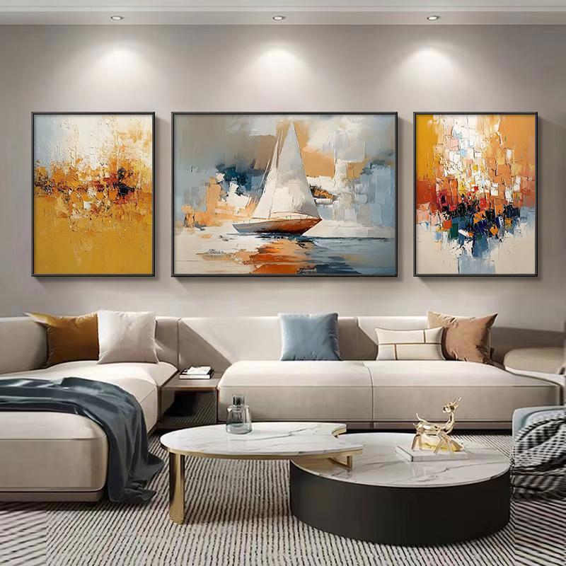 顺丰一帆风顺油画装饰画客厅现代简约沙发挂画三联帆船肌理壁画