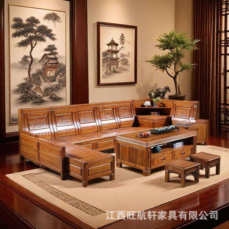 香樟木U型全实木沙发客厅仿古沙发中式农村转角贵妃储物沙发坐垫