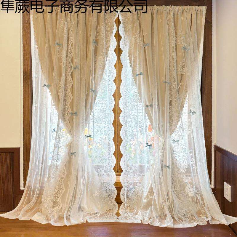 多巴胺法式遮光窗帘小窗户田园风蕾丝双层带纱免打孔卧室飘窗门帘