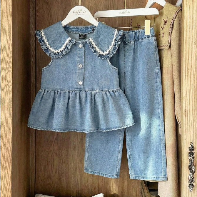 童装套装牛仔坎肩+牛仔裤子女宝宝女童中大童夏季两件套