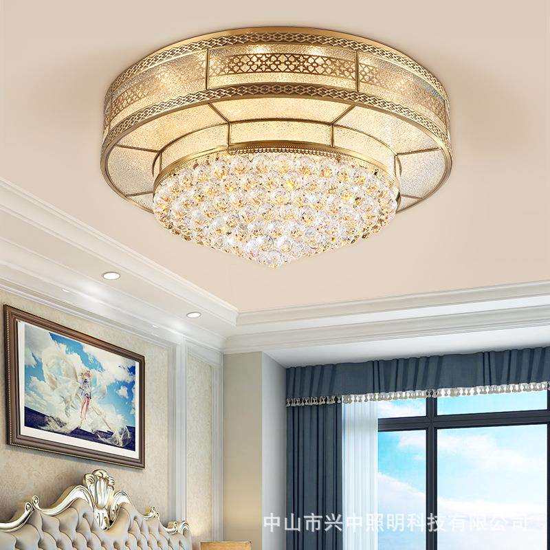 欧式客厅吸顶灯卧室圆形水晶灯全铜led餐厅铜灯创意简约复古灯具