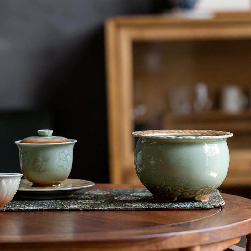 渐变青瓷雕花三足建水陶瓷茶洗水盂废水桶茶道配件小号干泡茶渣缸