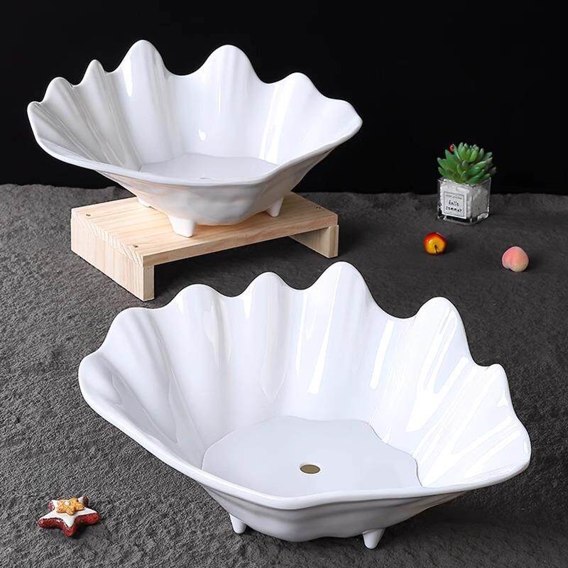 密胺餐具玉晶白白色盘子火锅配菜盘商用仿瓷塑料椭圆形海螺刺身碗