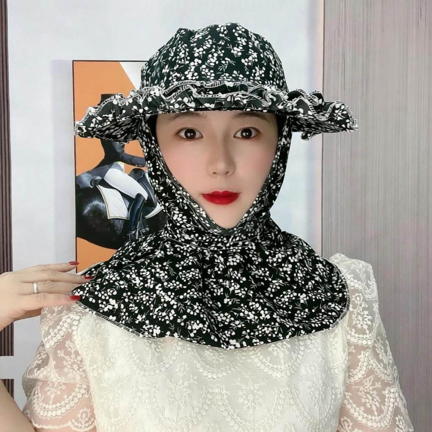 新款采茶帽木耳花边防晒护脸男女图片