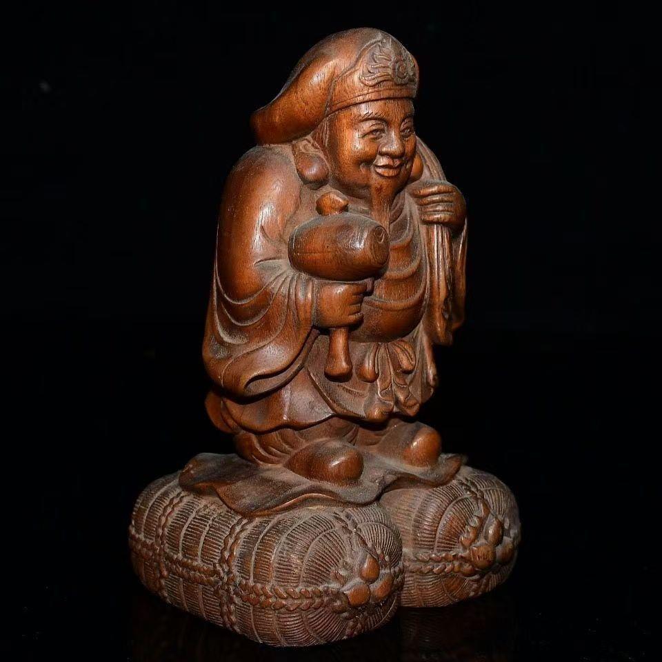 旧藏黄杨木雕大黑天财神摆件摆件实木笑佛中式客厅玄关店铺收藏