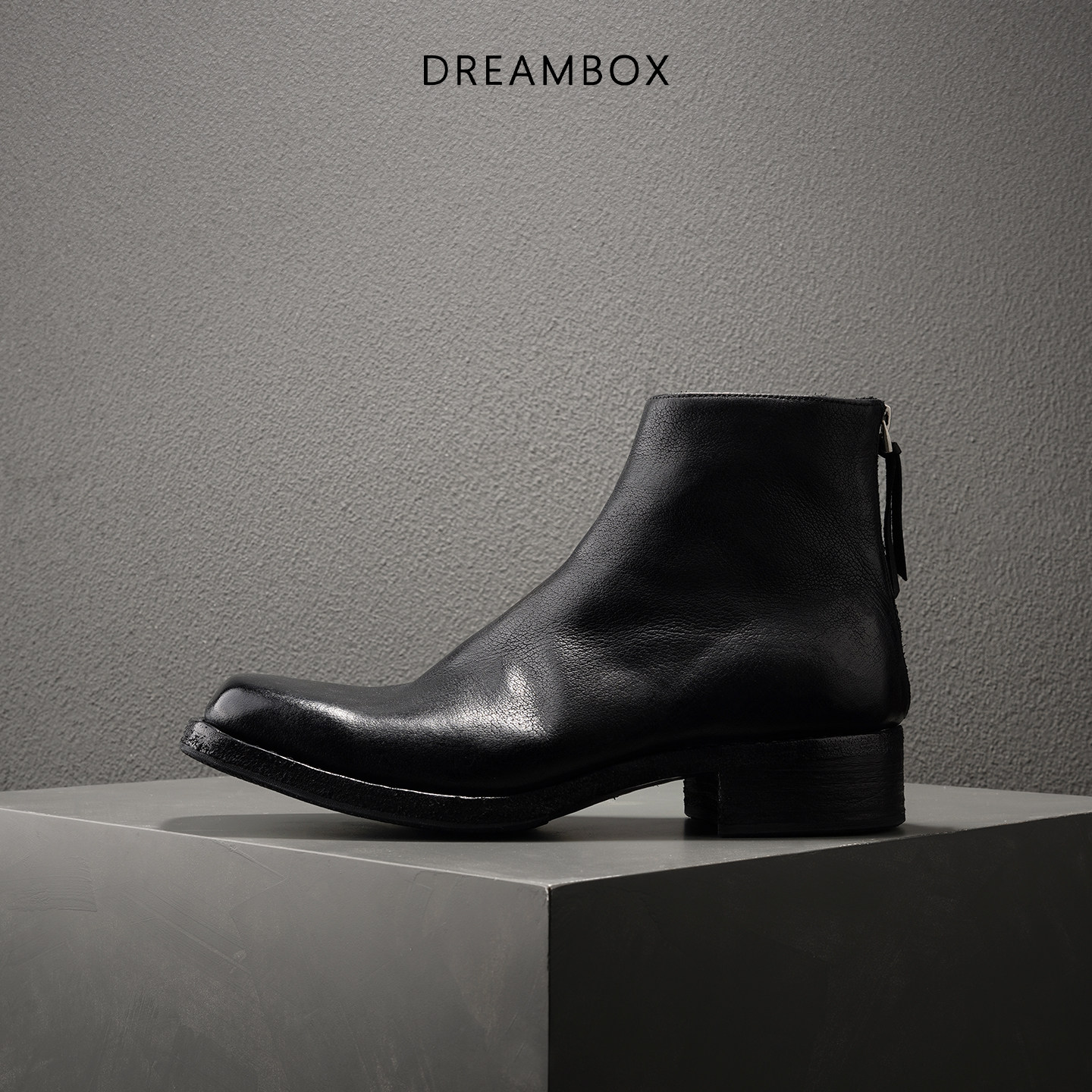 DREAMBOX钧博男靴暗黑风方头后拉链真皮手工皮靴厚底耐磨时装靴