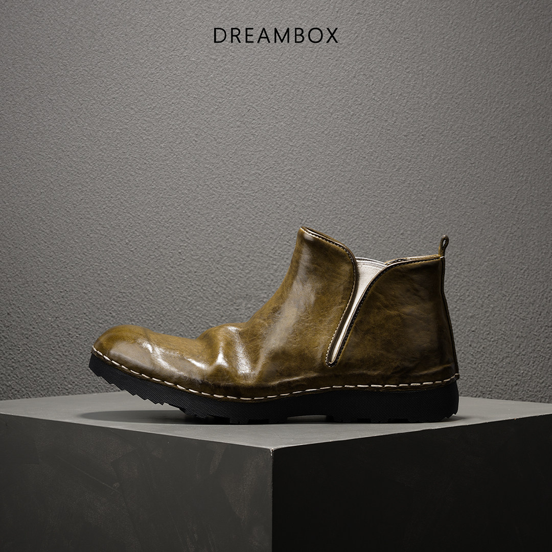 DREAMBOX钧博男靴中帮复古时尚短靴水洗马皮纯手工套筒切尔西靴
