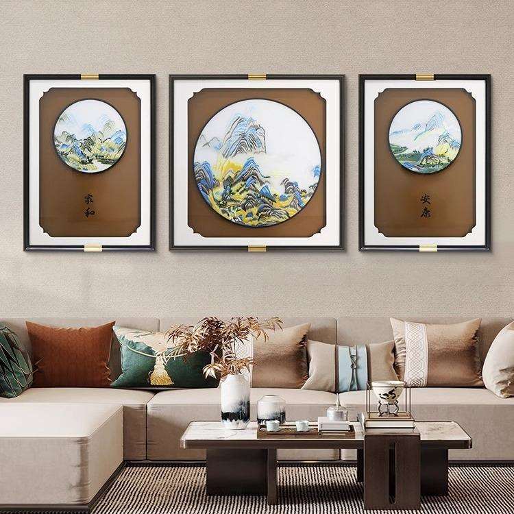 新中式刺绣三联画手工立体感山水画实物苏绣画挂画客厅沙发墙壁画