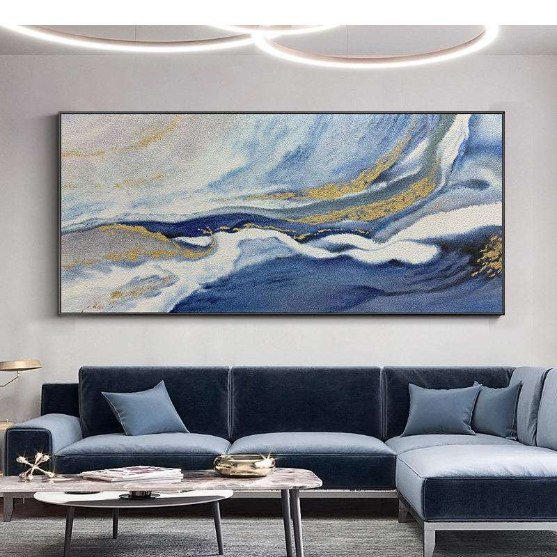 纯手绘油画横版挂画沙发背景装饰画轻奢金箔挂画抽象流彩艺术大气