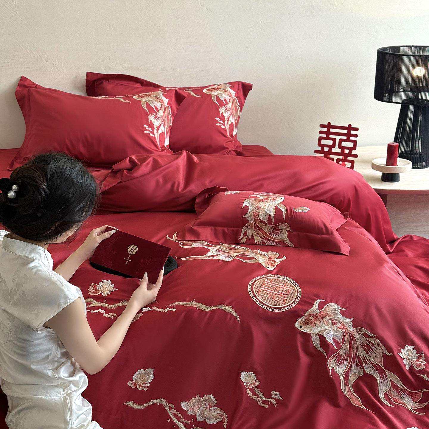 高端国风喜庆婚礼全棉四件套绣花婚嫁纯棉长绒棉红色结婚床上用品