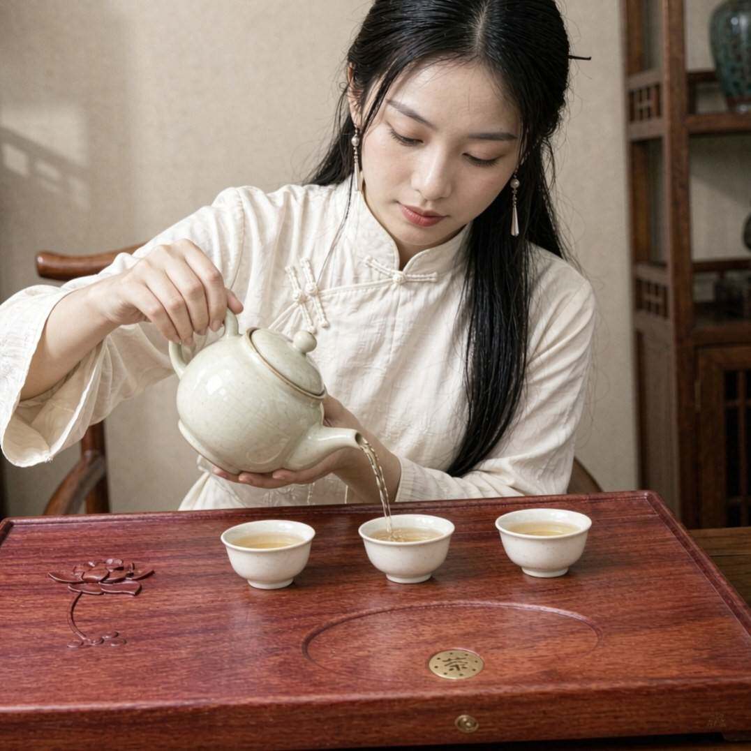 茶室中国风天然非洲红花梨木茶盘中式茶盘5.2cm厚实沉稳茶具