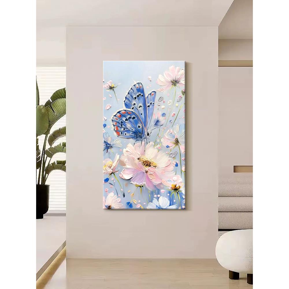 奶油风客厅唯美蝴蝶装饰画餐厅玄关走廊背景粉色花朵挂画手绘油画