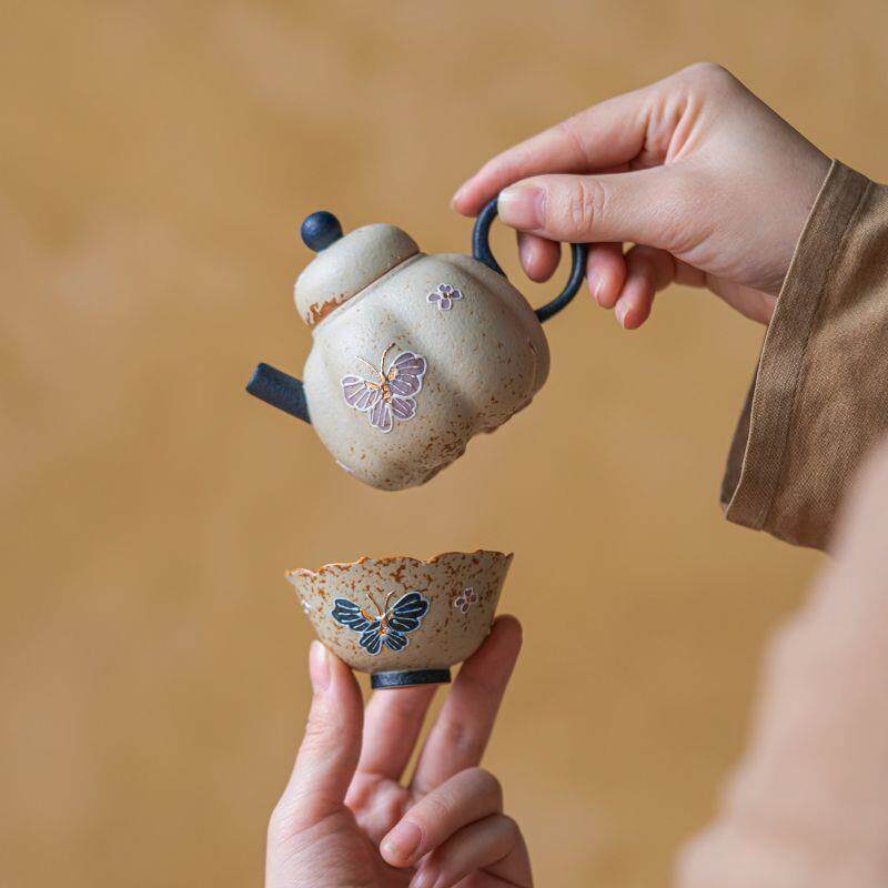 青花火石红幻色蝶南瓜壶旅行茶具套装便携式一壶一杯茶具收纳袋