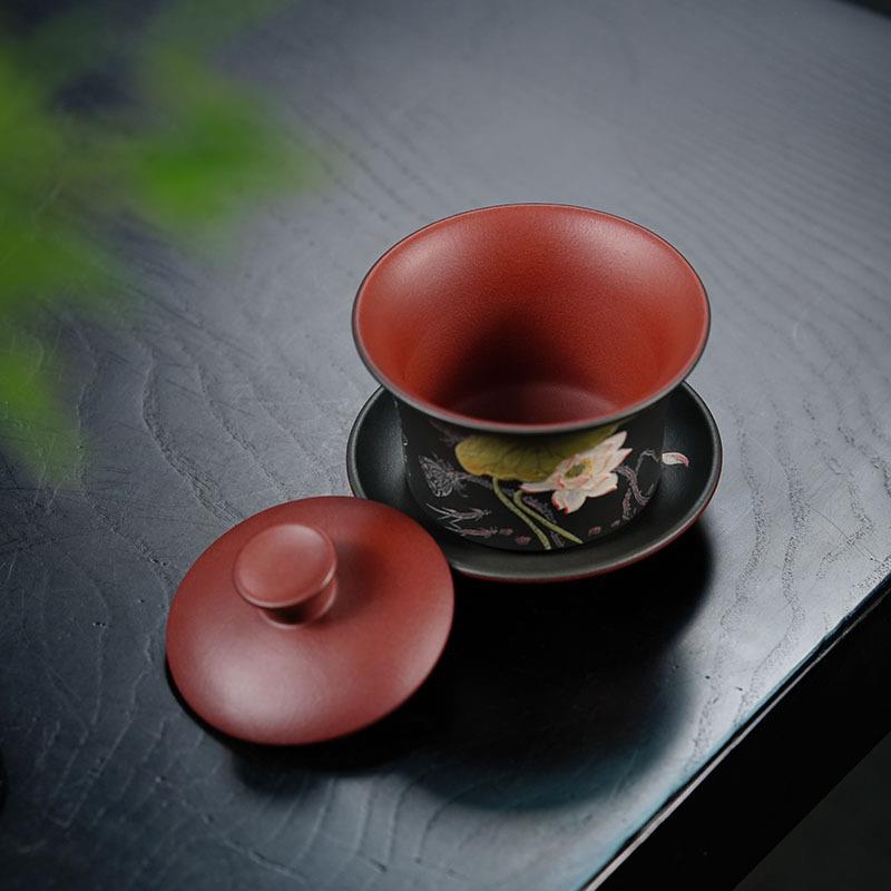 宜兴紫砂荷香盖碗三才碗原矿紫泥茶具雨中砂厂家纯手工紫砂杯