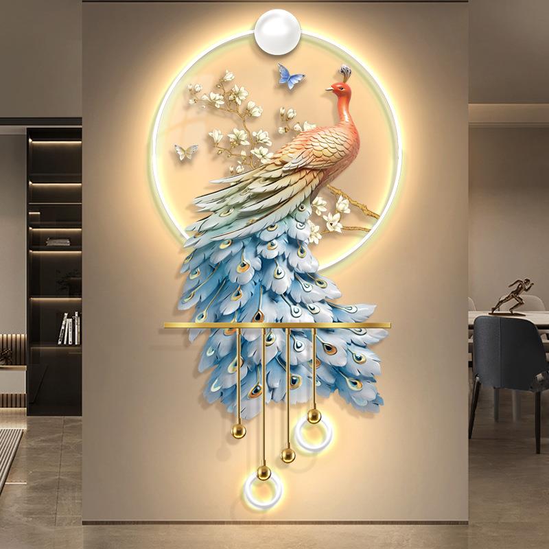 孔雀现代轻奢玄关装饰画感应LED灯光挂画走廊立体发光艺术壁灯