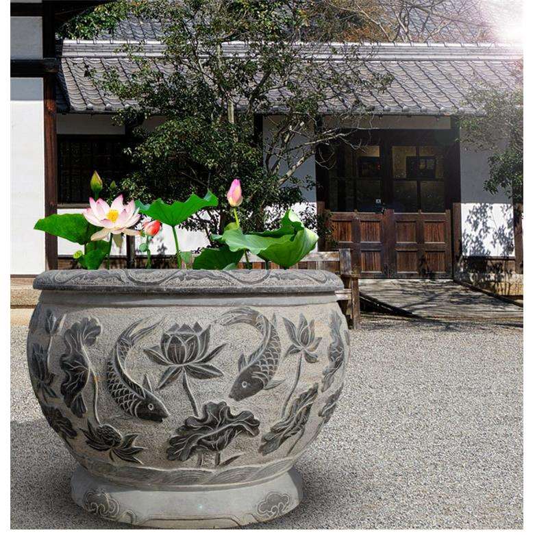石盆中式圆缸仿古石槽大石缸石雕鱼缸花盆青石庭院水缸石头荷花鱼