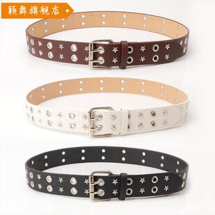 新款气眼腰带女铆钉百搭女士皮带朋克双排针扣牛仔裤腰带