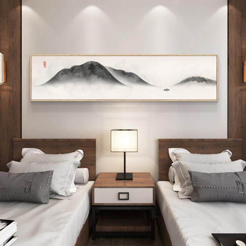 新中式靠山大气茶室横幅书房挂画水墨山水卧室壁画床头客厅装饰画