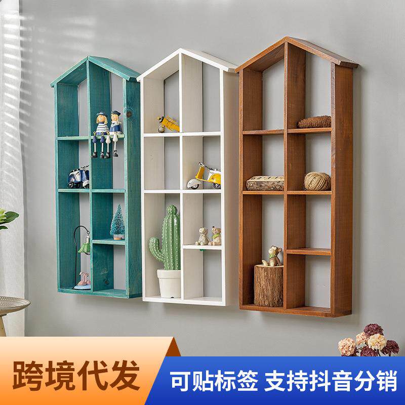 欧式复古美式木质店铺墙面收纳格挂墙上置物架壁挂装饰品壁饰墙饰