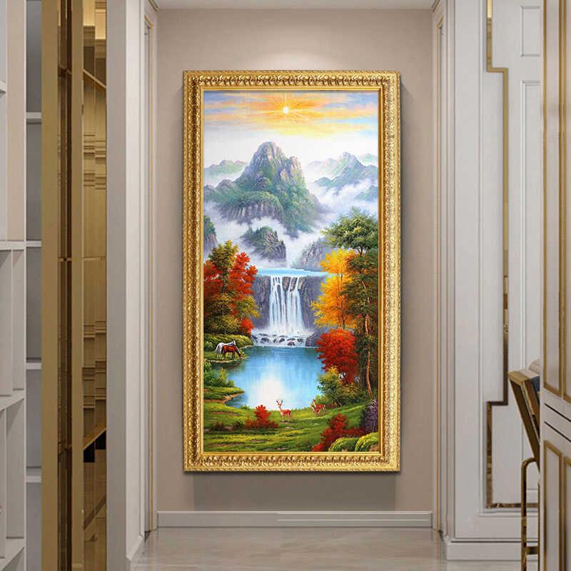 新中式山水瀑布玄关手绘油画美式装饰画现代简约轻奢走廊日出风景