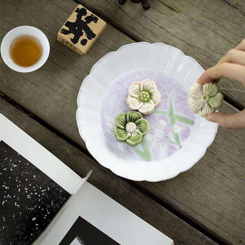 墨己玉泥白瓷手绘百合花陶瓷壶承茶道配件干泡台墨染花口茶点盘