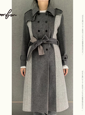 M/RROR FUN 冬季新款 拼色肩章双排扣腰带风衣款长款双面呢大衣女