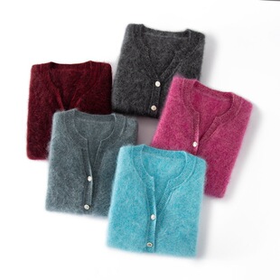 女式V字领拉绒开衫100纯山羊绒花纱毛衣外套秋冬新款软糯亲肤外搭