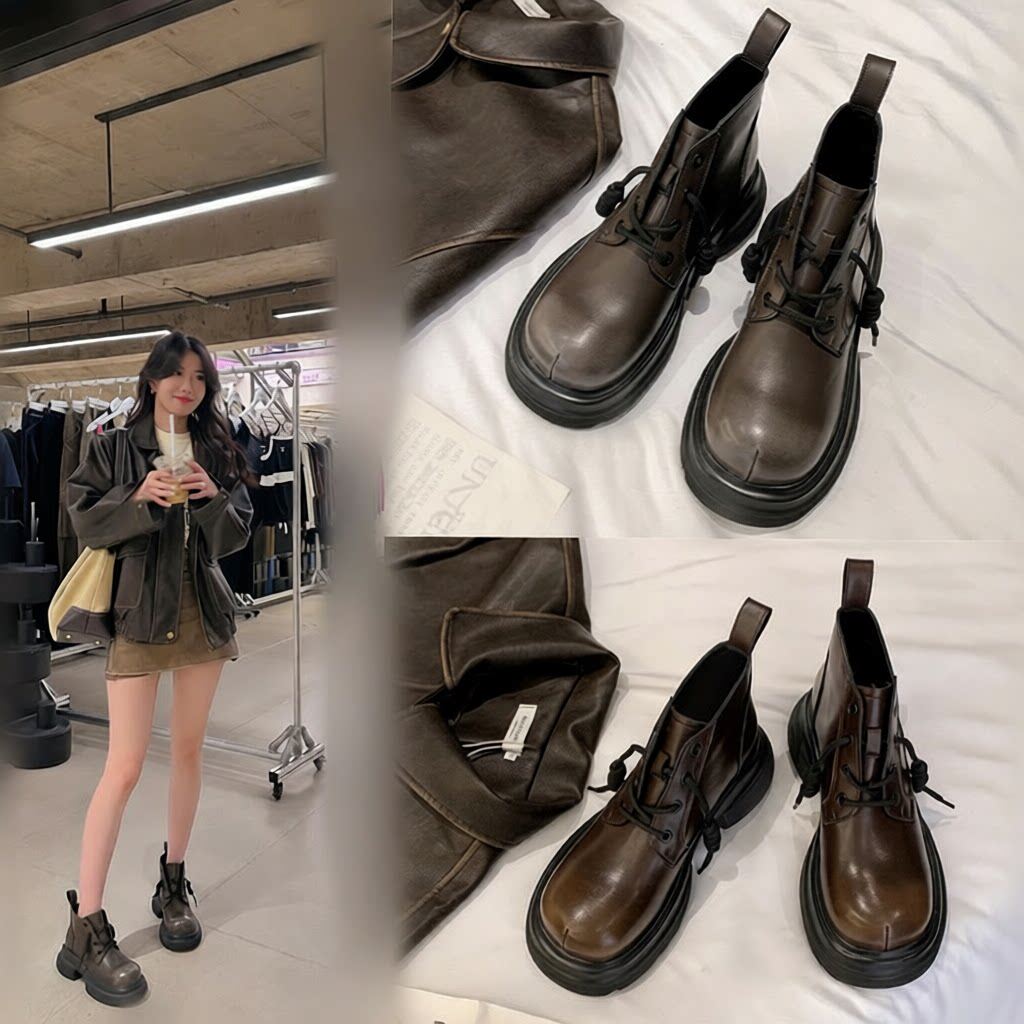 秋冬新款马丁靴女款真皮复古英伦风爆款炸街厚底短靴工装靴