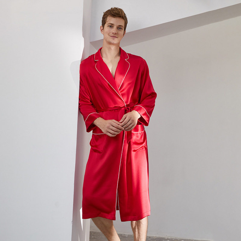 19姆米真丝睡袍男士长款睡衣夏秋季百分百桑蚕丝家居服男系带睡袍