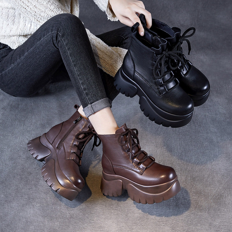 秋冬新款厚底内增高短靴子女小个子真皮女鞋34码百搭马丁靴