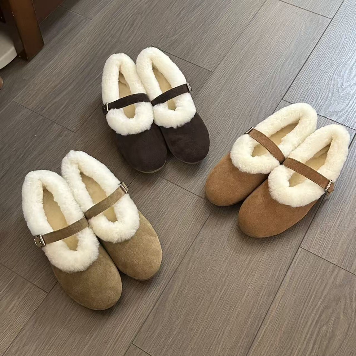 冬季上新羊毛玛丽珍单鞋女真皮休闲显瘦韩版平底鞋加绒保暖奶奶鞋