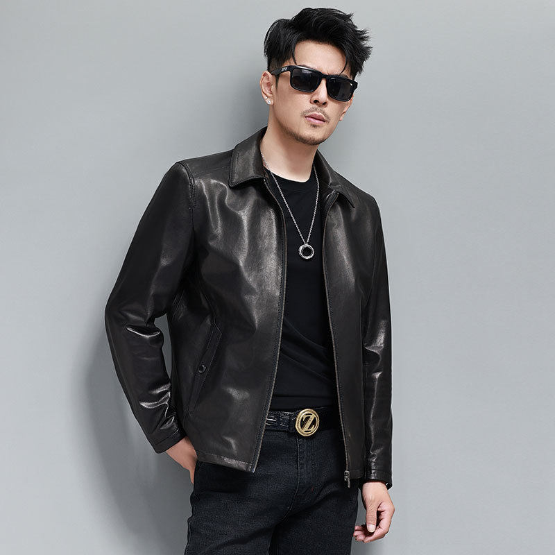 春秋新款皮夹克山羊皮中年男士真皮翻领商务休闲外套简约薄款单装
