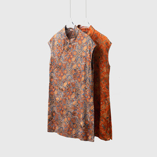 真丝香云纱斜门襟盘扣长款奥黛上衣女100桑蚕丝无袖T恤背心