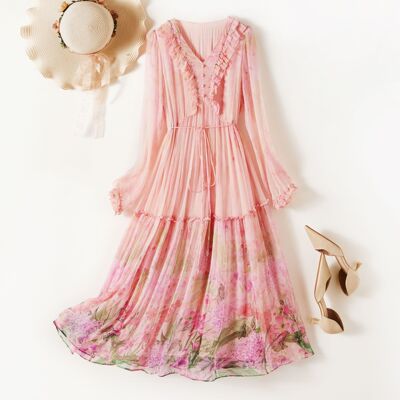 2025年夏季桑蚕丝裙子欧洲站花边渐变色印花真丝连衣裙85032