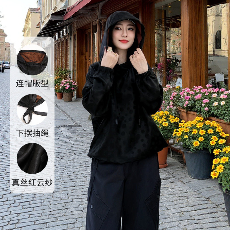 2025新款国风复古真丝红云纱上衣女新中式桑蚕丝连帽长袖卫衣外套