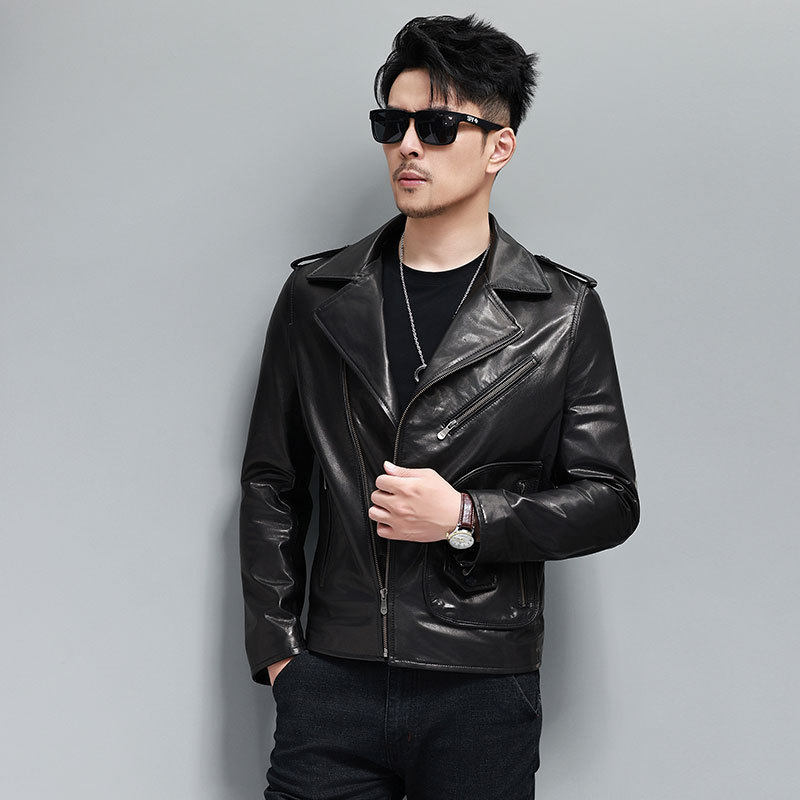 春秋新款山羊皮男士真皮皮夹克机车薄款西装领外套厂家销售