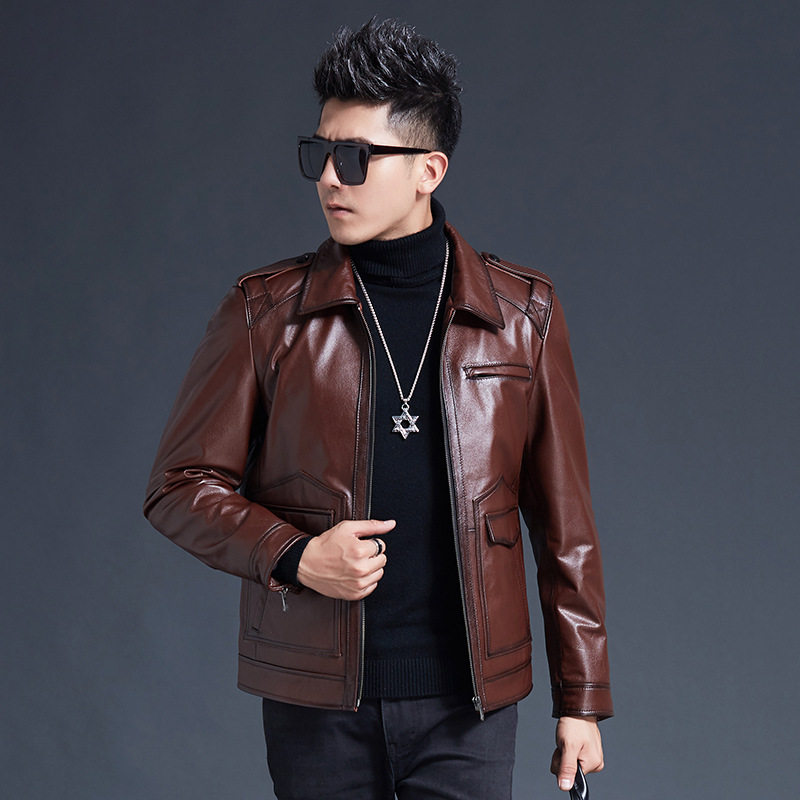 新款海宁中年男士真皮皮衣秋冬季薄款翻领头层牛皮短装皮夹克外套